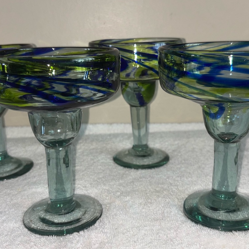 Handcrafted Blue and Green Swirl Margarita Glasses with Wavy Rim set of 4